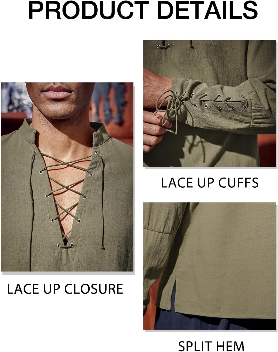 Runcati Mens Medieval Pirate Shirt Steampunk Renaissance Viking Retro Long Sleeve Lace Up Mercenary Halloween Costume Tops - Image 5