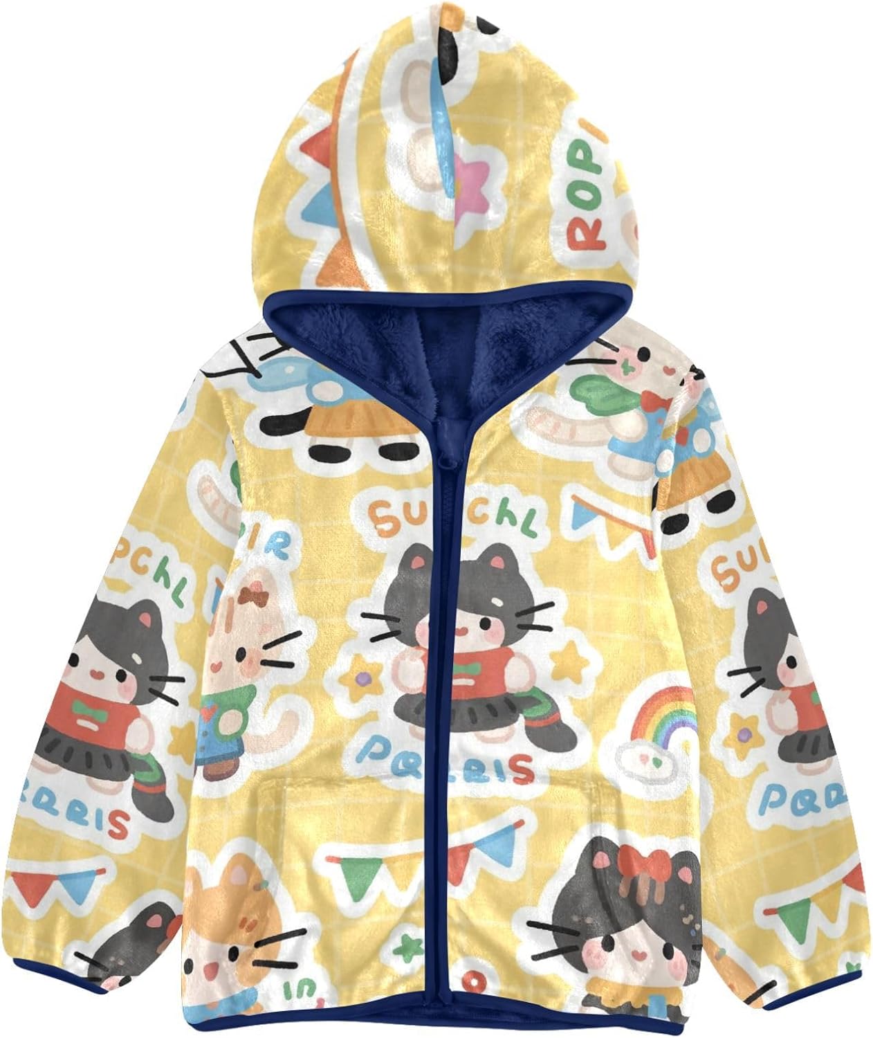 Cute Cartoon Cats Lightweight Zip Sweatshirt Kids Plush Jackets Navy Blue Baby Boys Fall Fleece Jacket