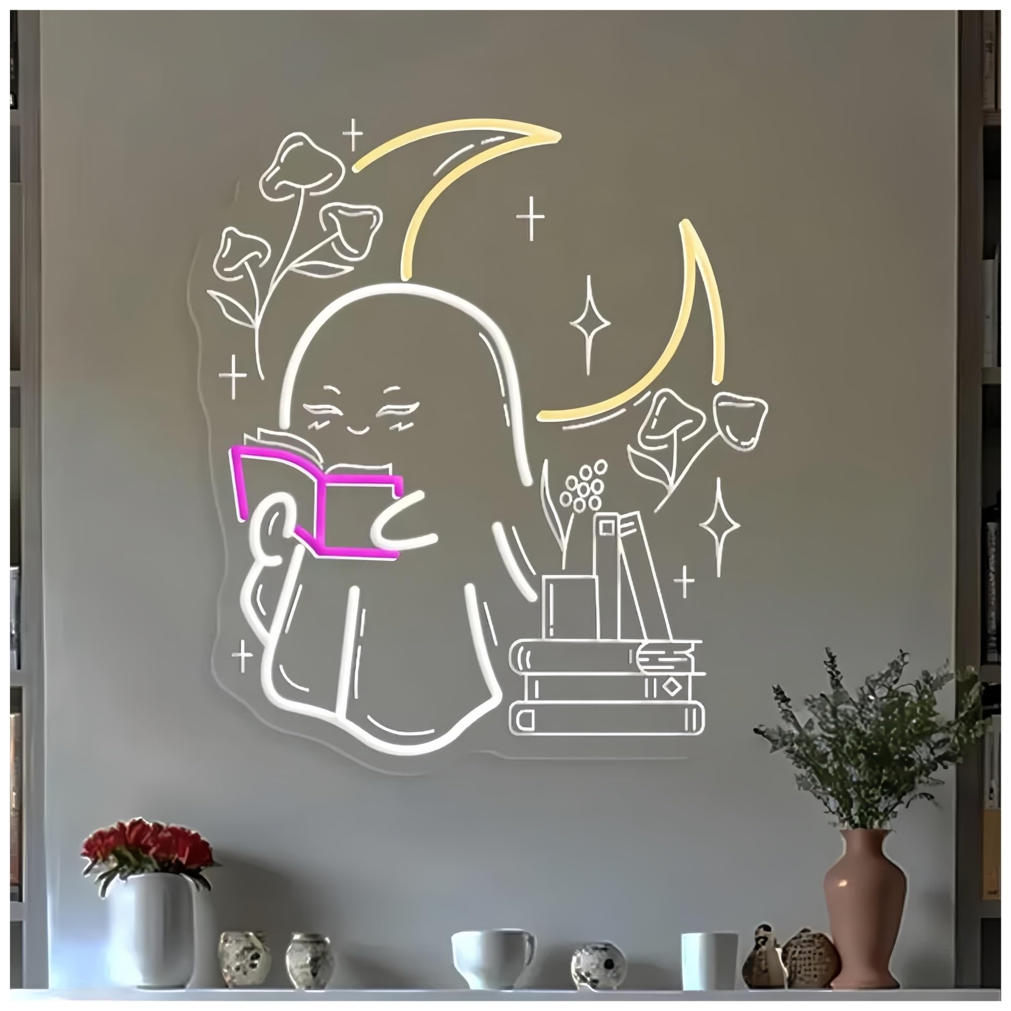 Luces de neón Letrero De Neón De Fantasma Leyendo Un Libro, Letrero De Neón De Boo Leyendo Libros, Adecuado Para La Decoración De La Pared Del Dormitorio 50x44cm(C)