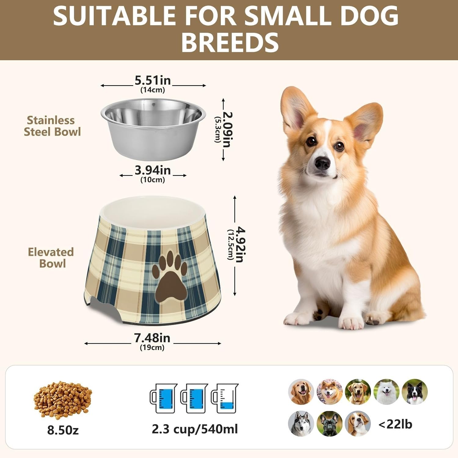 Retro Plaid Blue Par Print Bowls for Dogs with Stand Stainless Steel Cat Food Dishes for Small Pet Comfort Feeding