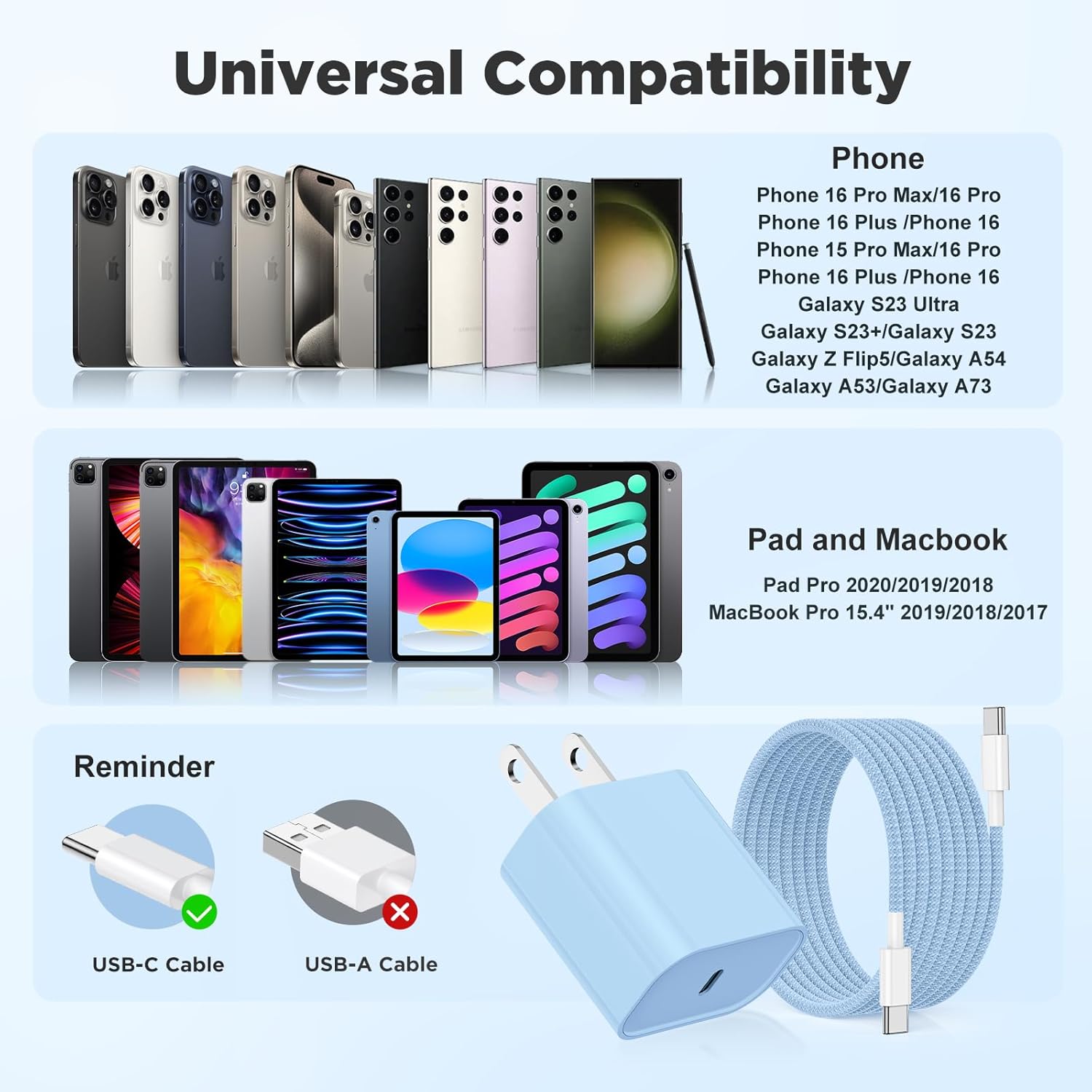 Fast Charging for iPhone 15 16 Pro Max Charger Colorful, 3Pack 20W USB C Fast Chargers Block with 6/6/10ft Long USB C to C Braided Cable Compatible with iPhone 16/15 Pro/15 Plus/iPad Pro 13/12.9,Blue
