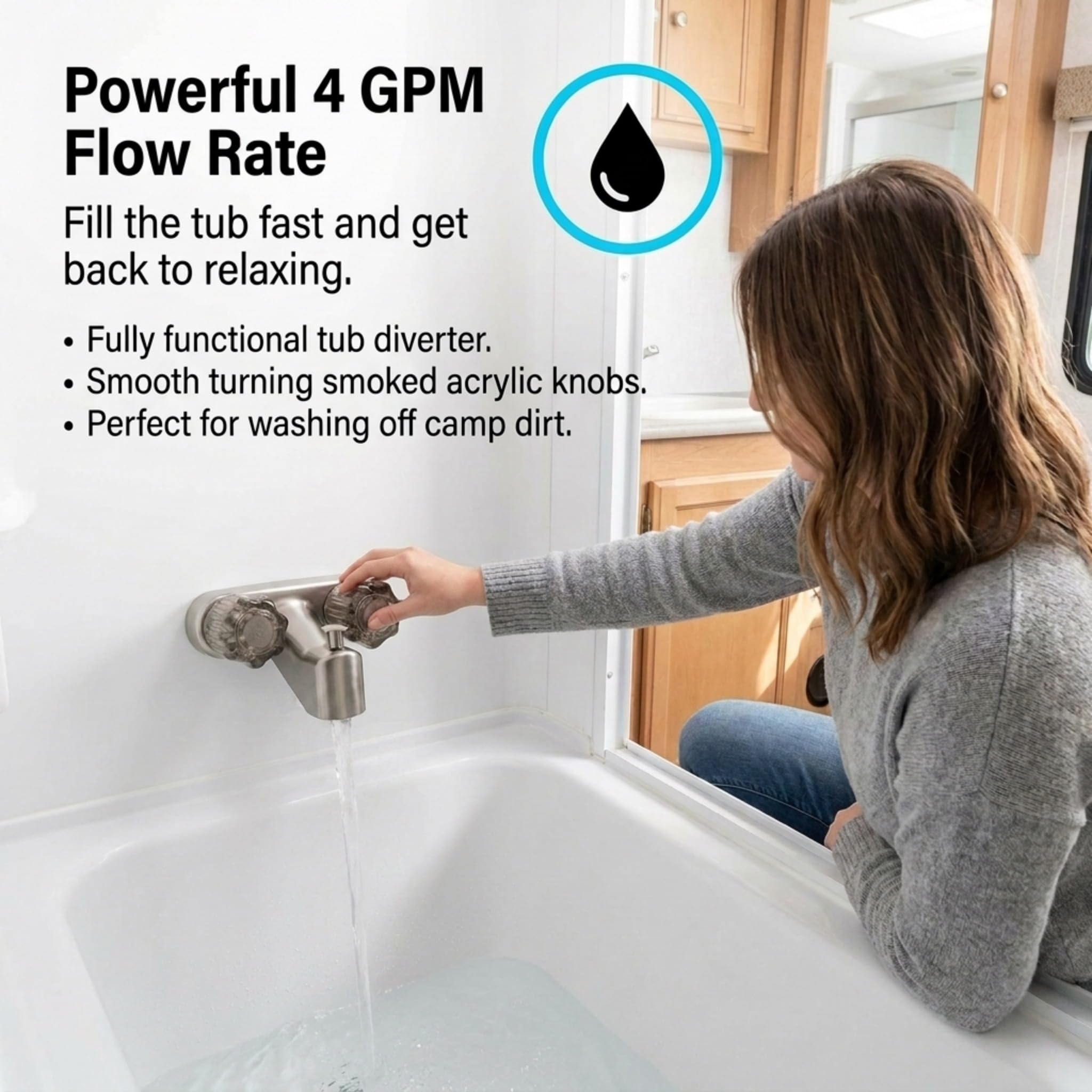 Dura Faucet - Grifo para bañera y ducha para vehículos recreativos, autocaravanas, remolque de viaje, etc., pomos acrílicos