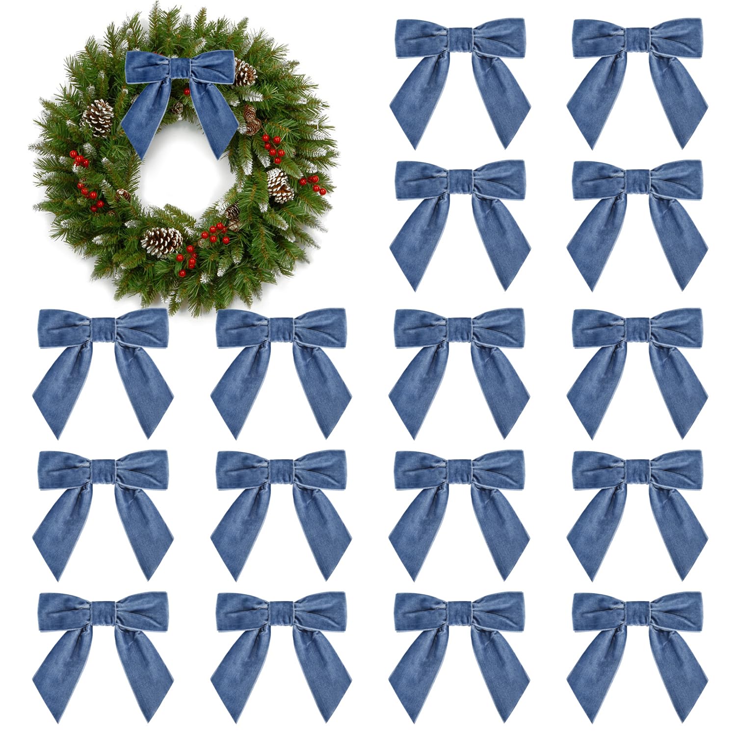 16Pcs Christmas Velvet Bows, 4.3" Vintage Velvet Ribbon Bows for Christmas Tree Garland Wreath Gift Wrapping DIY Crafts Wedding Decor (Dusty Blue) — image 1