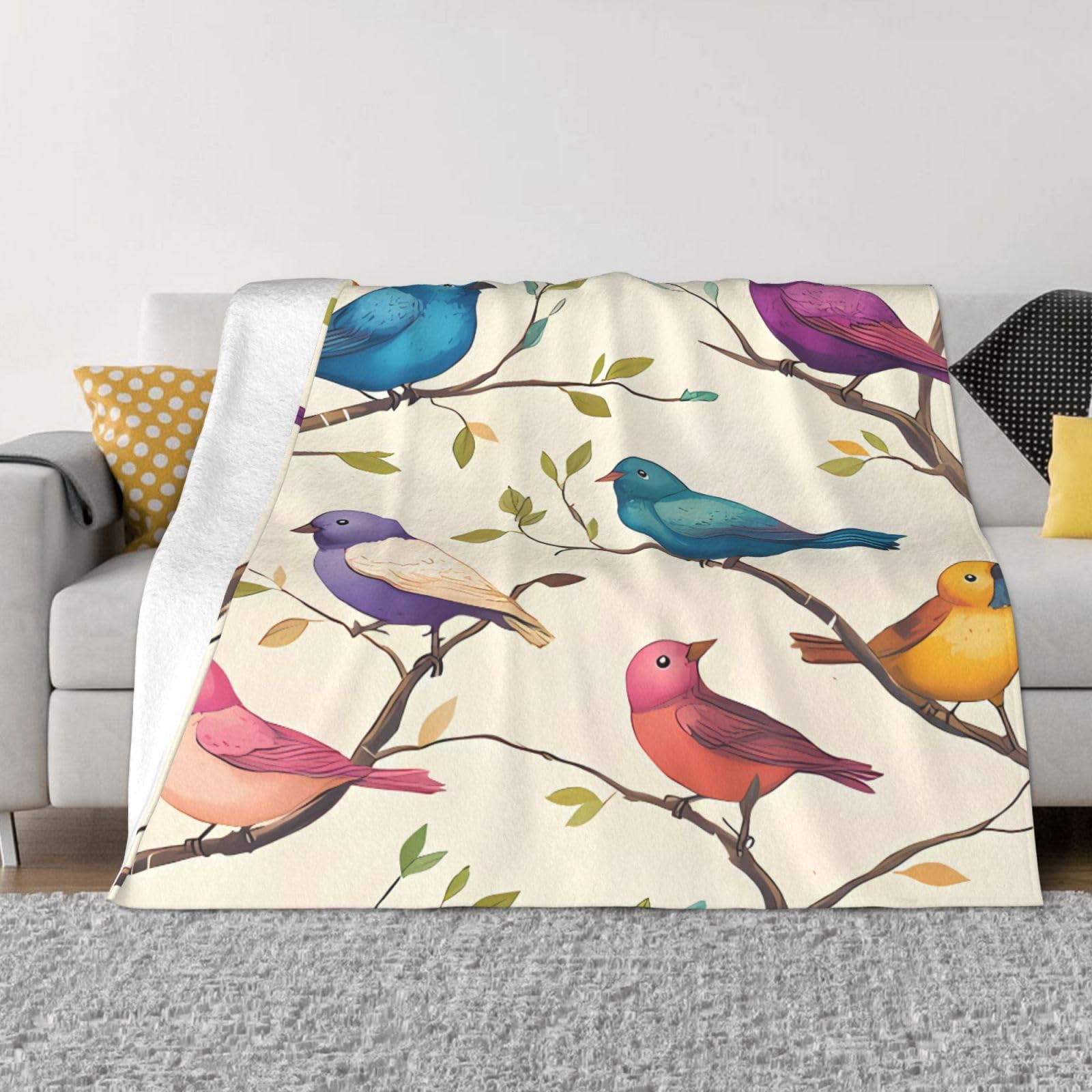 Couverture polaire oiseaux sur branche, plaid jeté de lit pour déco salon cocooning