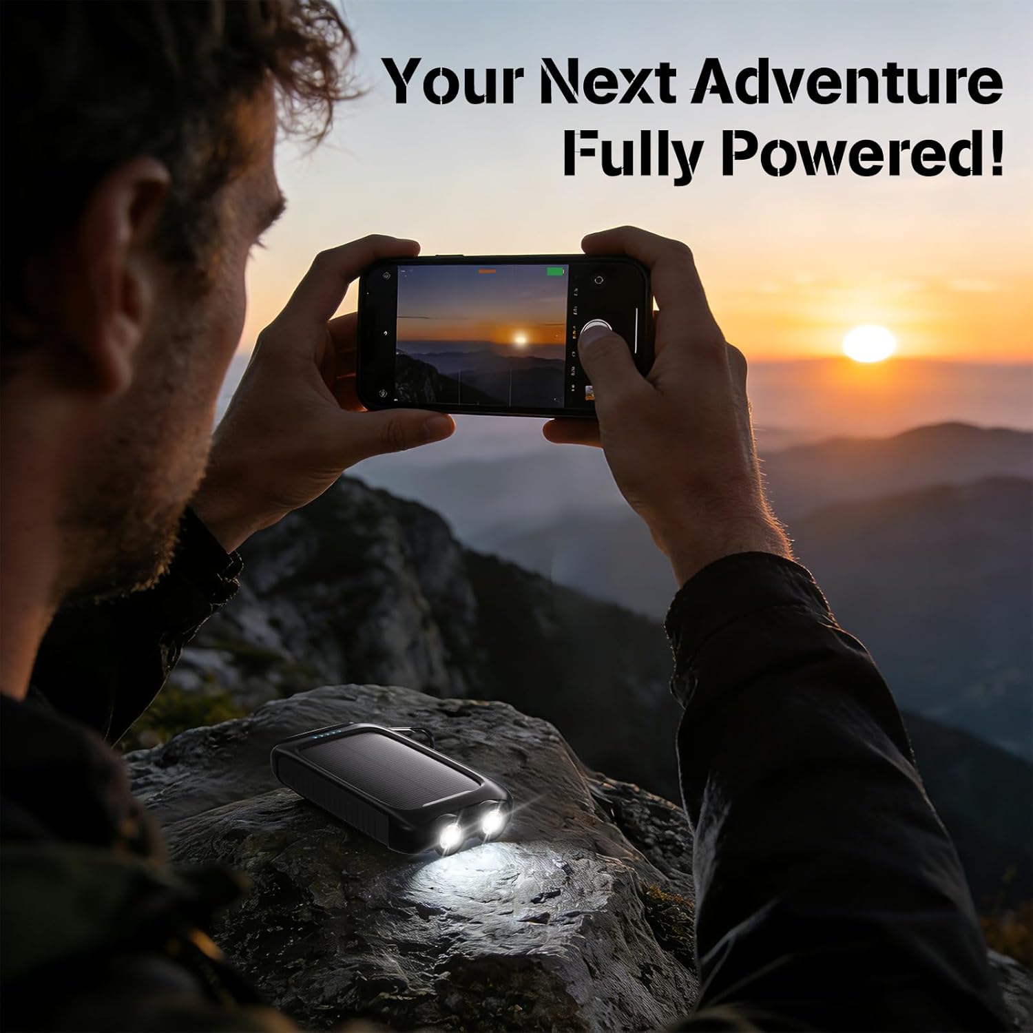 Portable Charger Solar Power Bank 8000mAh with USB-A and USB-C 5V/3A Output Port Black Battery Pack Compatible with iPhone, Samsung, Waterproof Emergency LED Flashlights Perfect for Camping, Hiking