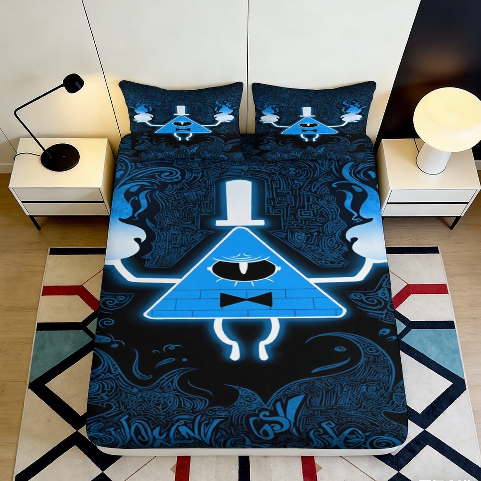 3D Printed Illuminati Eye Fitted Sheet Microfiber Blue Abstract Pyramid Bed Cover for Bedroom Guest Room Dorm Mattress Protection Decor 90x200x25cm