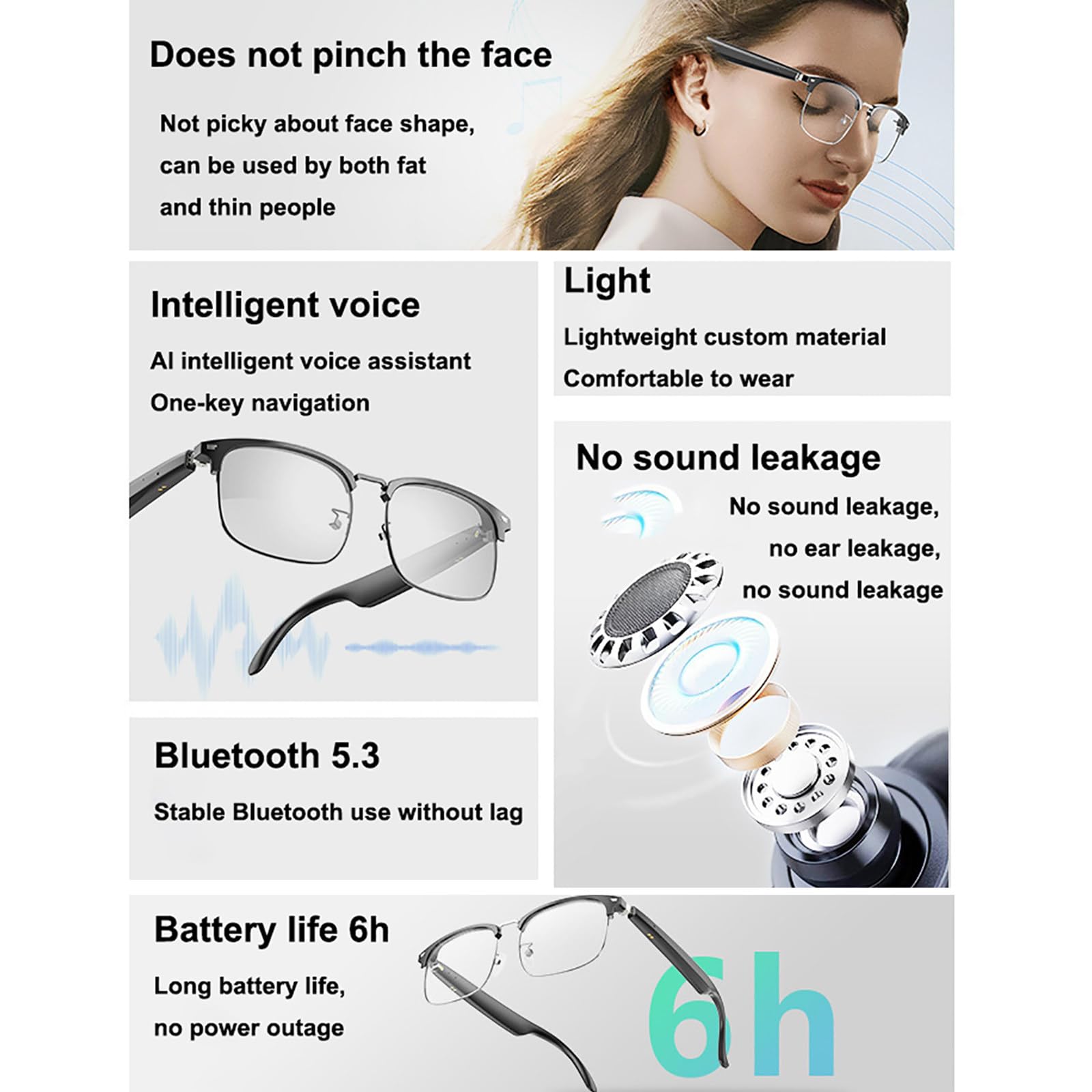 Lunettes intelligentes Bluetooth, 144 langues traduction AI, voix + appels téléphoniques + écoute de musique, anti-bleu (B, B)