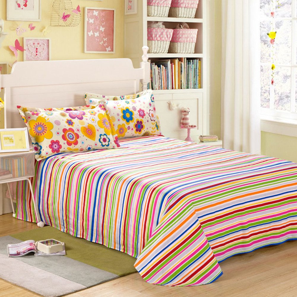 Drap plat en coton sergé rayé pour lit double 160x230 cm