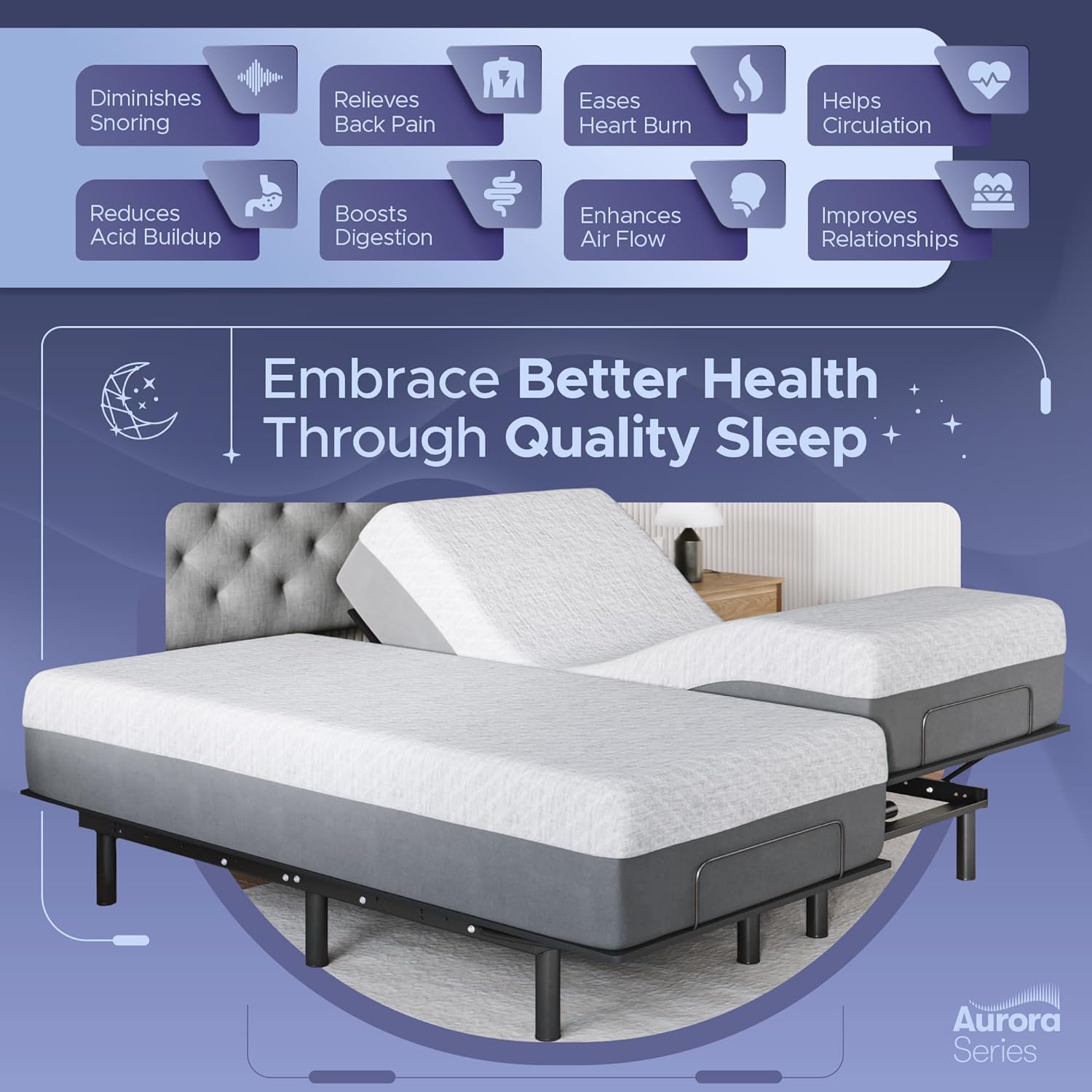 Celestial Aurora Adjustable Bed Base (Frame) + 12 inch Gel Memory Foam Mattress (Medium Soft), Easy Assembly, Head and Foot Lift, Zero Gravity, Memory Positions, CertiPUR-US Bed - Split King