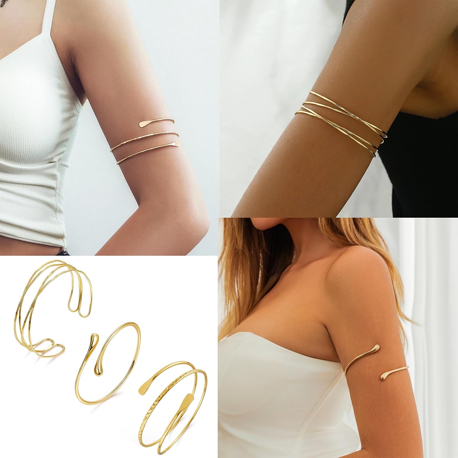 Gold Arm Cuff for Women Upper Arm Cuff Bracelet Set Adjustable Armband Bangle Bracelet Boho Coil Arm Cuffs 3pcs 4pcs Arm Cuff Jewelry