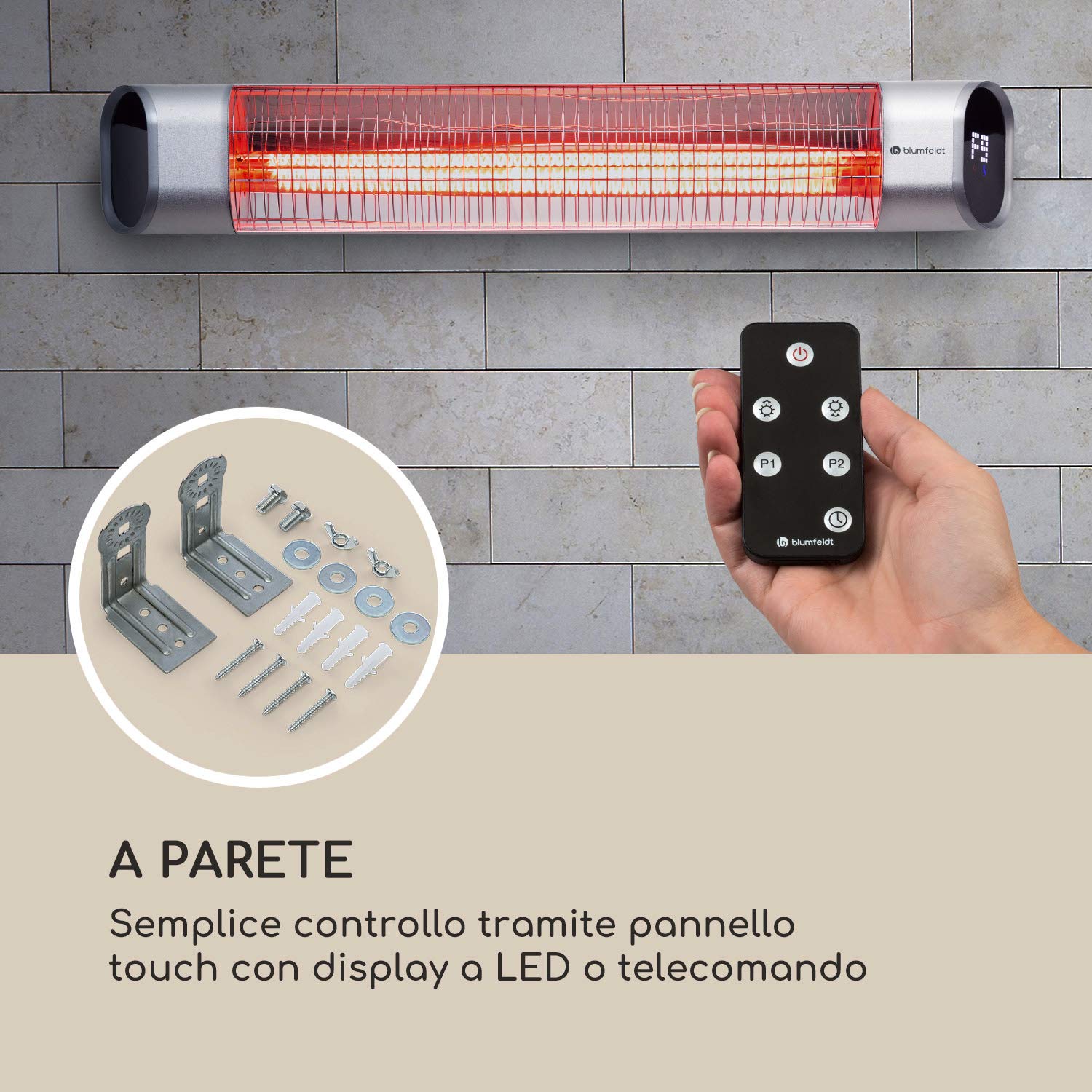 Blumfeldt Dark Wave Riscaldatore a infrarossi, Stufa da terrazzo, MinimalGlare Heating Tube: tubo carbonio dorato, 24 livelli calore, timer, IP65, display LED, riscaldatore da soffitto 2000 W, argento
