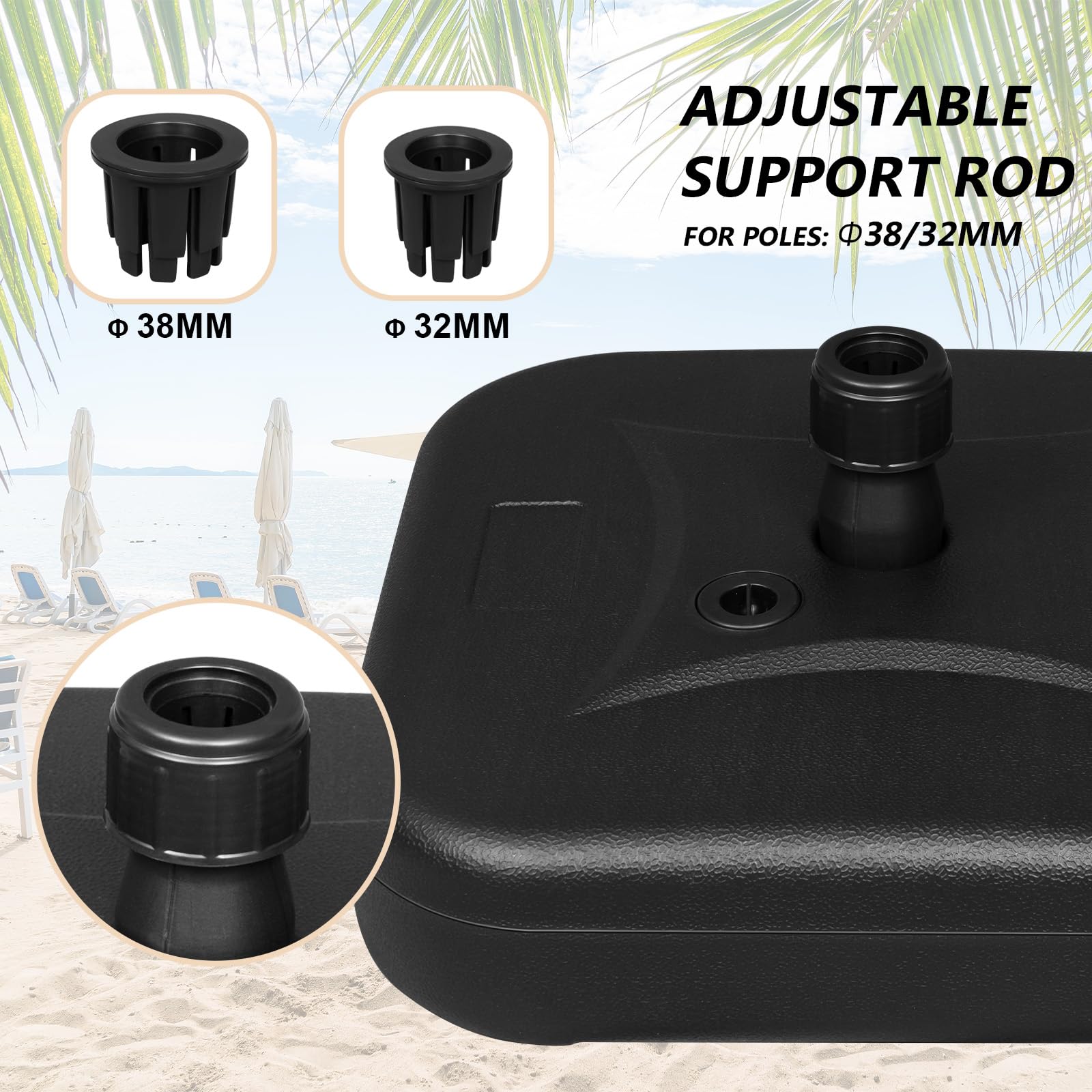 WOLTU Pied de Parasol 19 L à Remplir d'eau ou de Sable, Base pour Parasol avec 2 Douilles d'Insertion Ø 32-38 mm, Support de Parasol en HDPE, en Forme Carrée, Noir