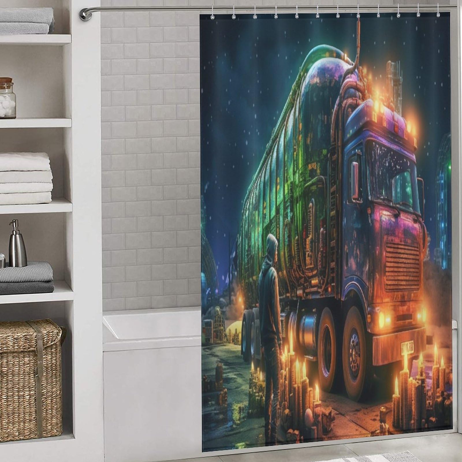 PAZZK Galaxy Truck Shower Curtain - Shower Curtains, Machine Washable Bath Curtains with 12 Shower Curtain Rings, Polyester Fabric Bathroom Curtains, 55x72Inch（140x183cm）