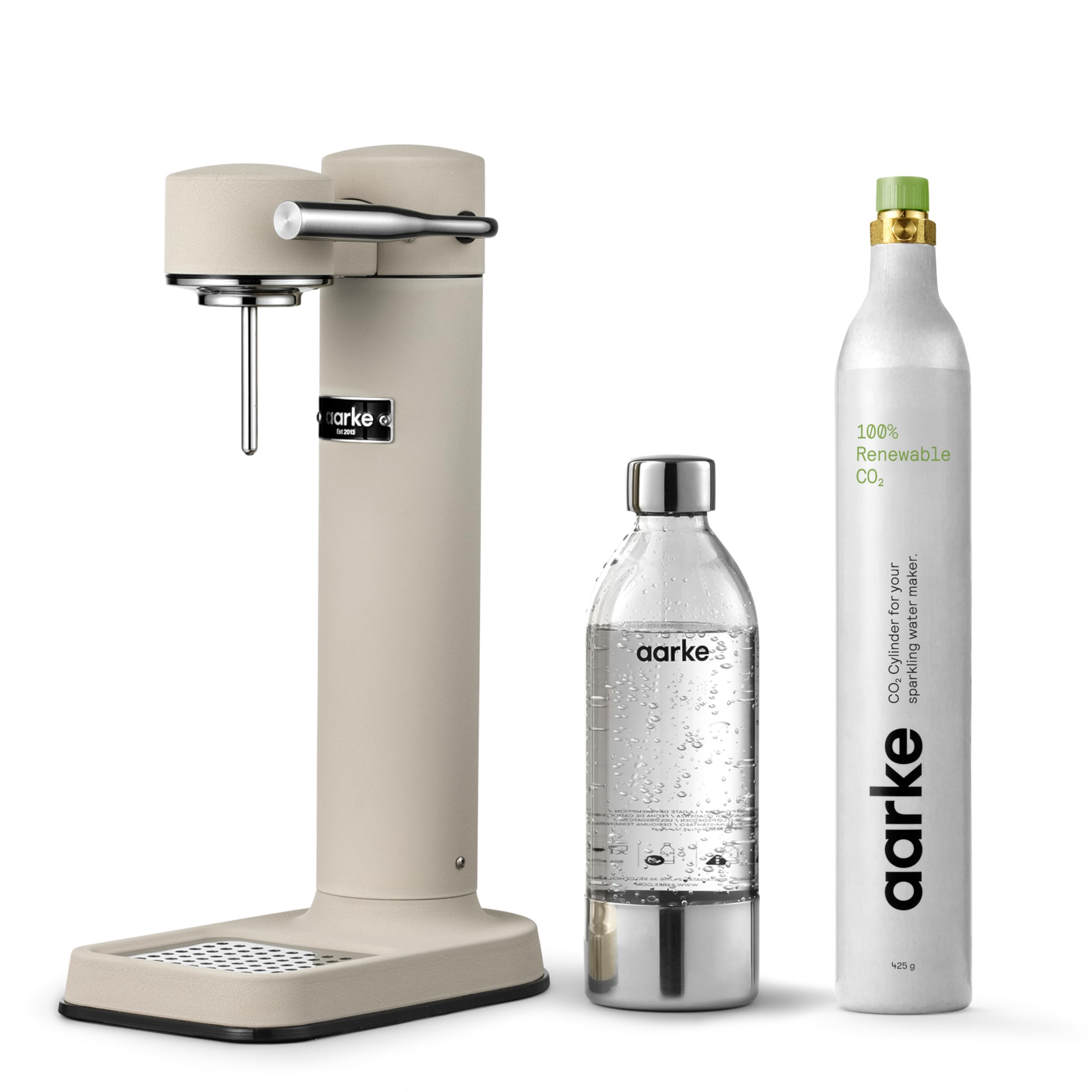 Aarke Carbonator lll with CO2 Cylinder, Sparkling & Carbonation Water Machine, Stainless Steel with PET BPA-Free Reusable Bottle Volume 1L/34 fl oz (Sand)