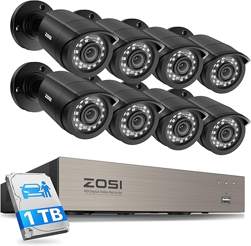 ZOSI 8CH 1080P - Sistema de cámara de seguridad para exteriores con disco duro, 8 canales, Video ligero de 5MP, Grabadora DVR con 8X 1080P HD