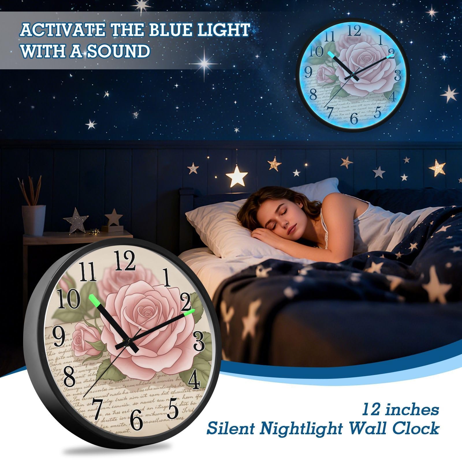 Mnsruu Reloj de pared luminoso vintage con diseño de rosas rosas que brillan en la oscuridad, funciona con pilas, silencioso, sin tictac, luz nocturna para dormitorio