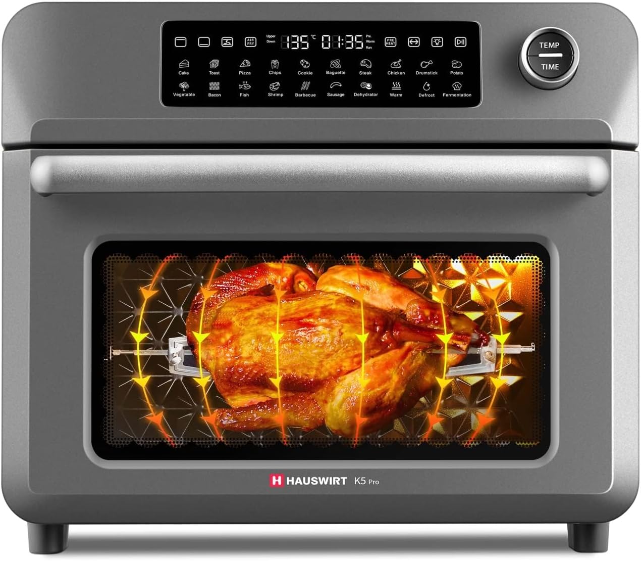 Hauswirt Large Air Fryer Oven 25 Litre Countertop Convection Oven with Grill/Airfryer/Dehydrator, Digital Touch Screen, Enamel liner, E-recipes & Accessories Included - Grey, K5 Pro