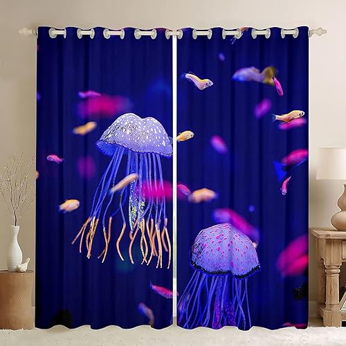 Miniatura 2 de Cortinas de medusas con criaturas oceánicas para ventana, dormitorio, sala de estar, niños y niñas, mar, bajo el agua, mundo, azul, cortinas de