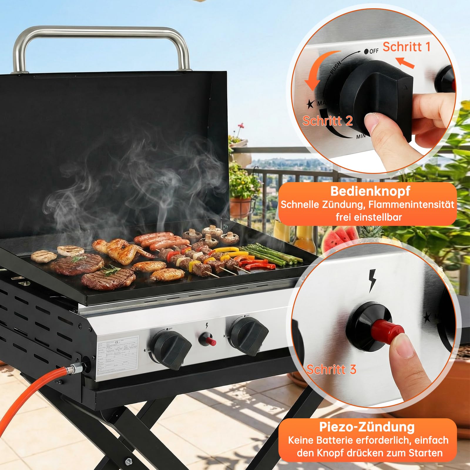 LIFERUN Tragbarer Tischgrill mit 3 Edelstahl-Brenner,Kompakter Gasgrill mit Deckel 7.2KW,Campinggrill mit Keramische Lackbeschichtung Grillplatte(58×35cm),Balkongrill für Terrasse,Garten,Picknick BBQ