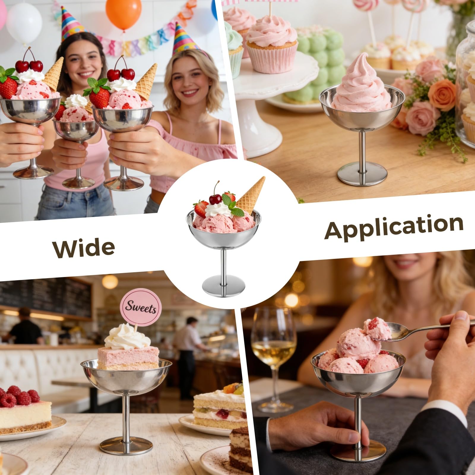 6 Stk. Eisbecher aus Edelstahl mit Löffeln, 6,8 Fl Oz Dessertschalen mit hohem Stiel, silberne Metalldessertbecher für Partys, Bankette, Familienfeiern und Restaurants