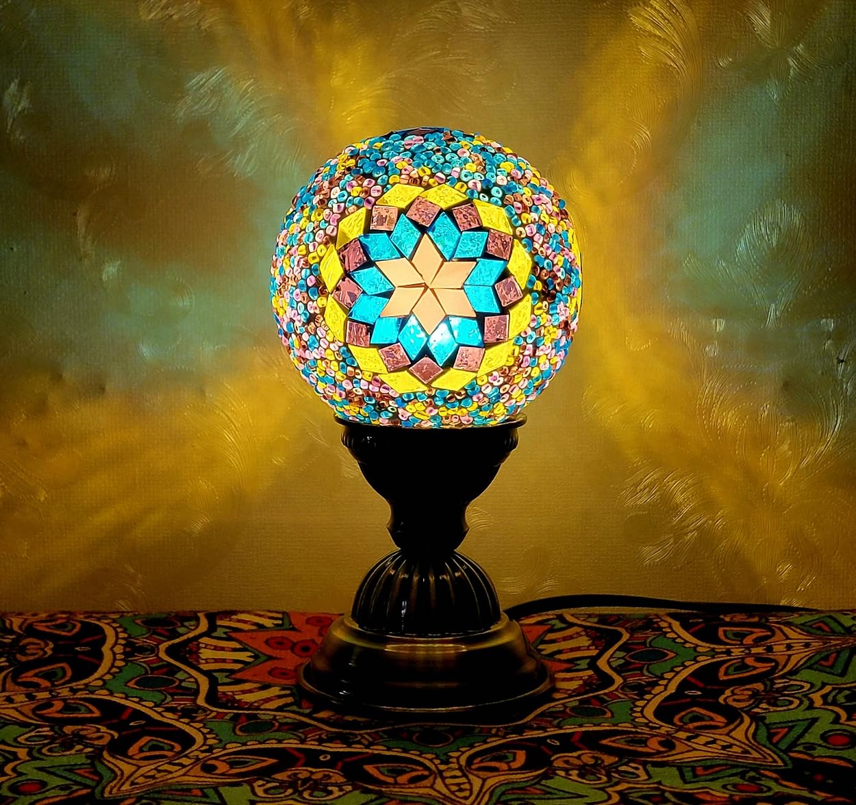 Maimeili Retro Turkish Mosaic Vase Lamp Turkish Moroccan Table Lamp Colorful Handmade Glass Vase with Wood Base for Flowers USB Charge Decor Light for Bedroom Ambient Living Room Farmhouse
