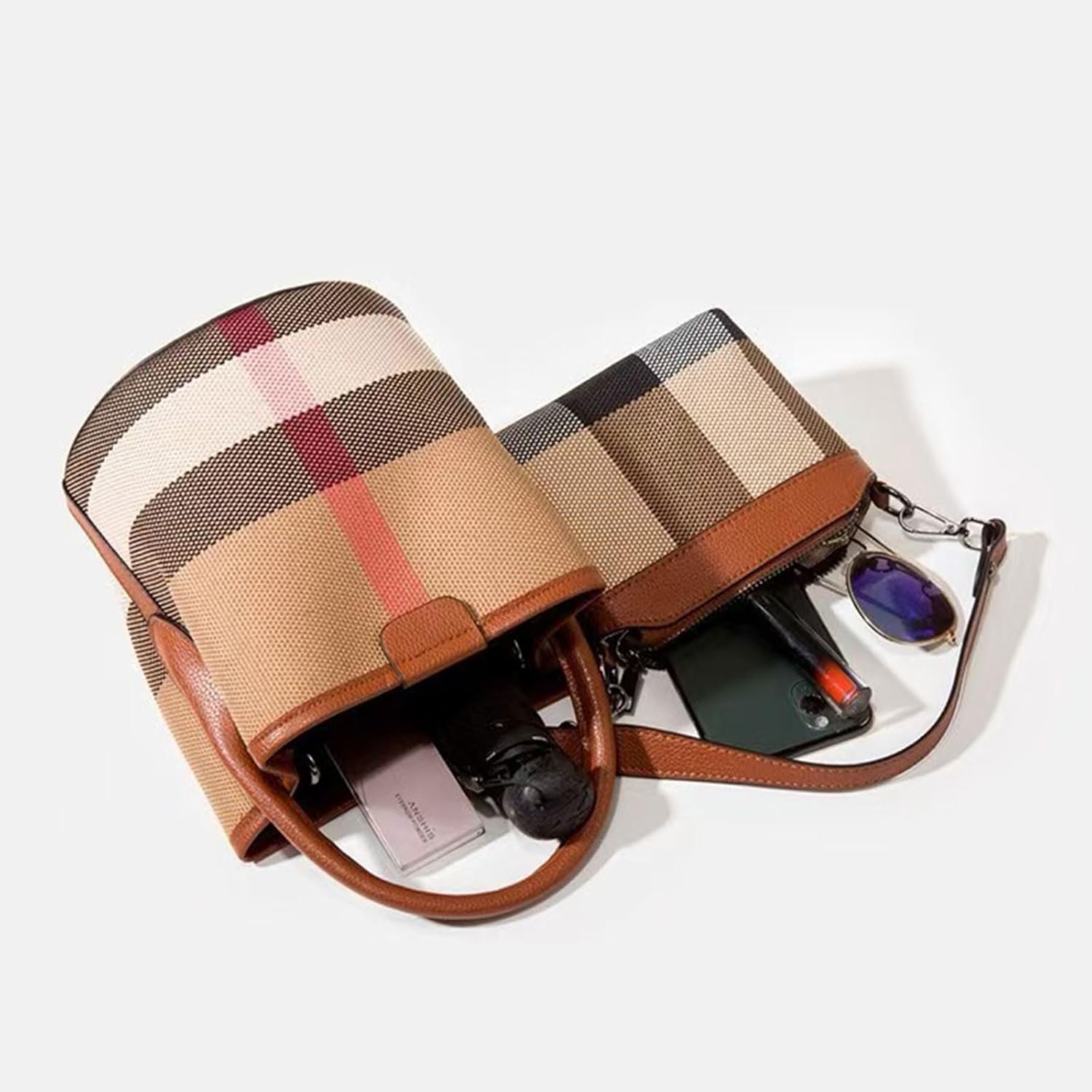 Tote Bag for Women, Leather Plaid Bucket Shoulder Bag Top Handle Canvas Crossbody Handbag Designer Classic Purse - Image 5