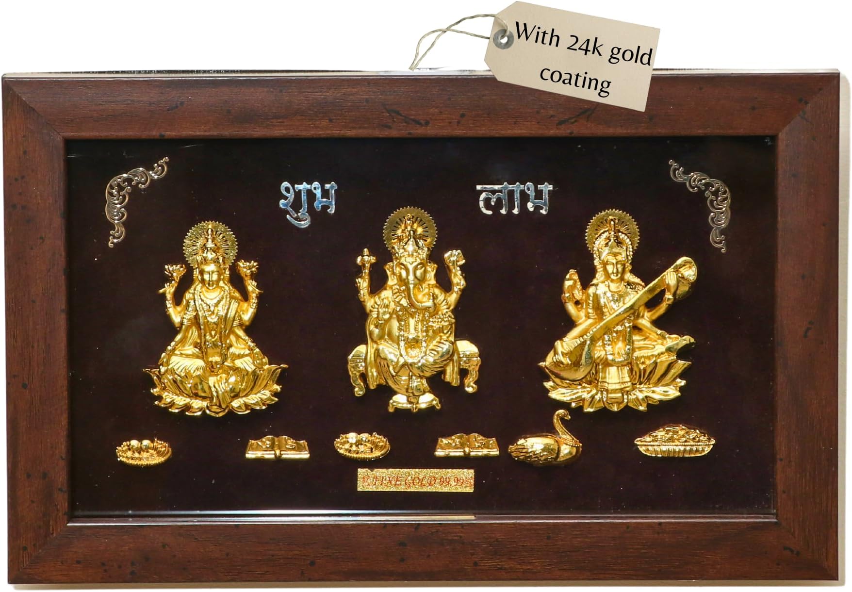 Golden Lakshmi Ganesha Saraswathi - Trimurti Frame | Shubh Labh God Gold Plated Decorative Photo Frame | For Gifting, Home Decor, Table Decor and Temple or Pooja Room Decoration |