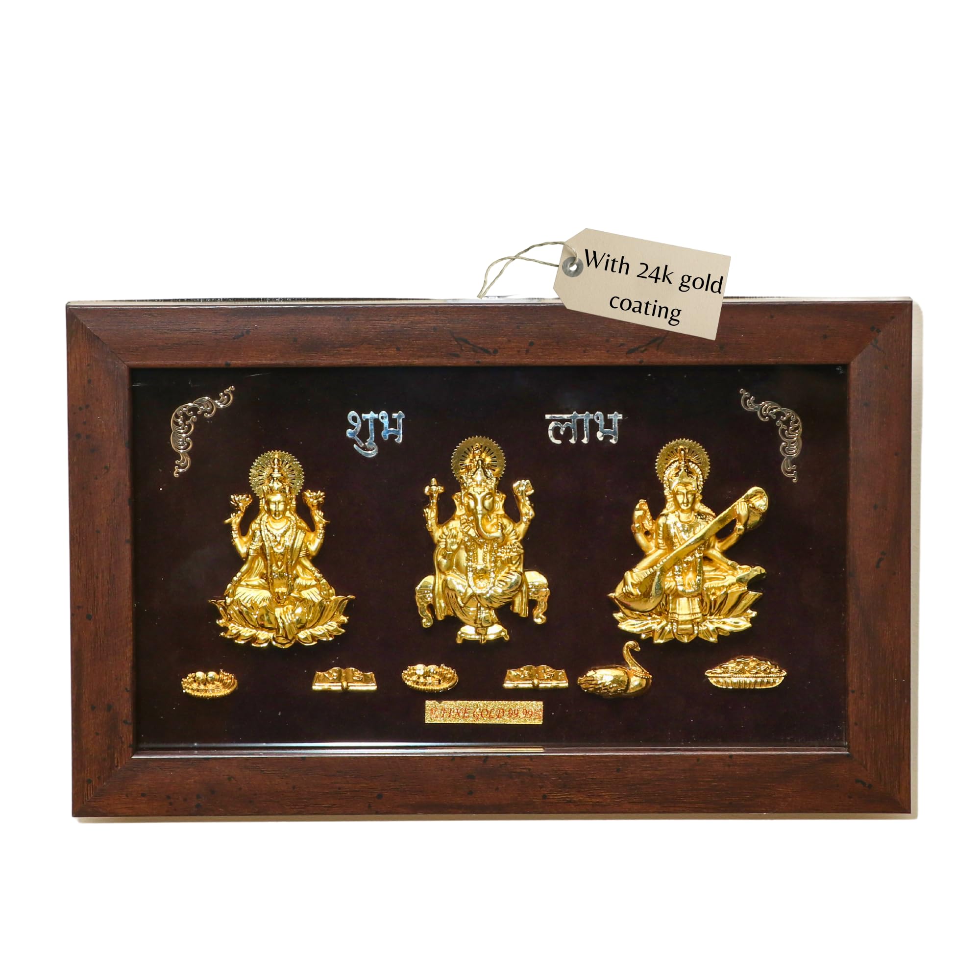 Golden Lakshmi Ganesha Saraswathi - Trimurti Frame | Shubh Labh God Gold Plated Decorative Photo Frame | For Gifting, Home Decor, Table Decor and Temple or Pooja Room Decoration |