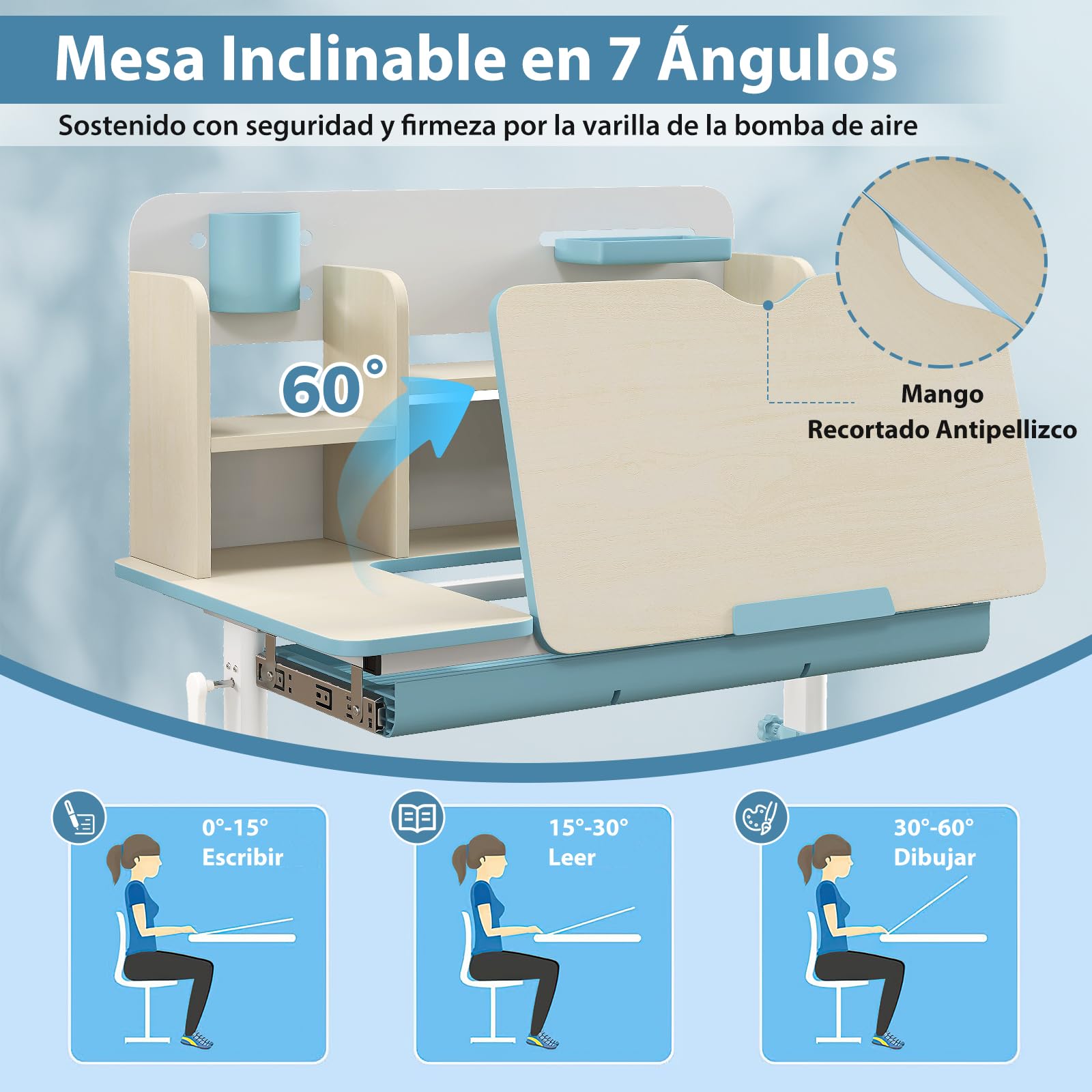 GOPLUS Escritorio de Estudio Infantil Multifuncional con Escritorio Inclinable, Mesa de Estudio para Niños Altura Ajustable, Cajón Extraíble, Soporte para Libros, para Niños de 3-12 Años (Azul)