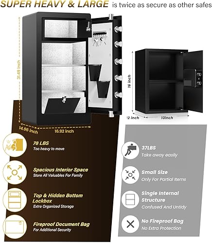 Miniatura 2 de Caja de seguridad biométrica resistente de 31.49 pulgadas de alto con bolsa impermeable ignífuga, gran almacenamiento de documentos con