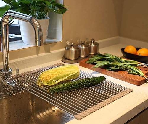 Miniatura 3 de Escurridor de platos enrollable sobre el fregadero, portátil, de acero inoxidable, plegable, para encimera de cocina (gris, 17.7 pulgadas de largo x