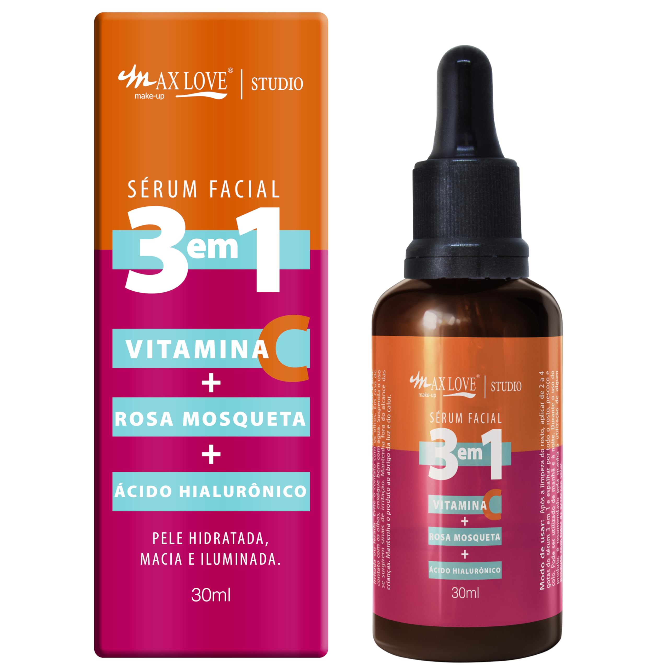 Max Love Serum Facial 3 em 1 Vitamina + C Rosa Mosqueta + Ácido Hialurônico - Pele