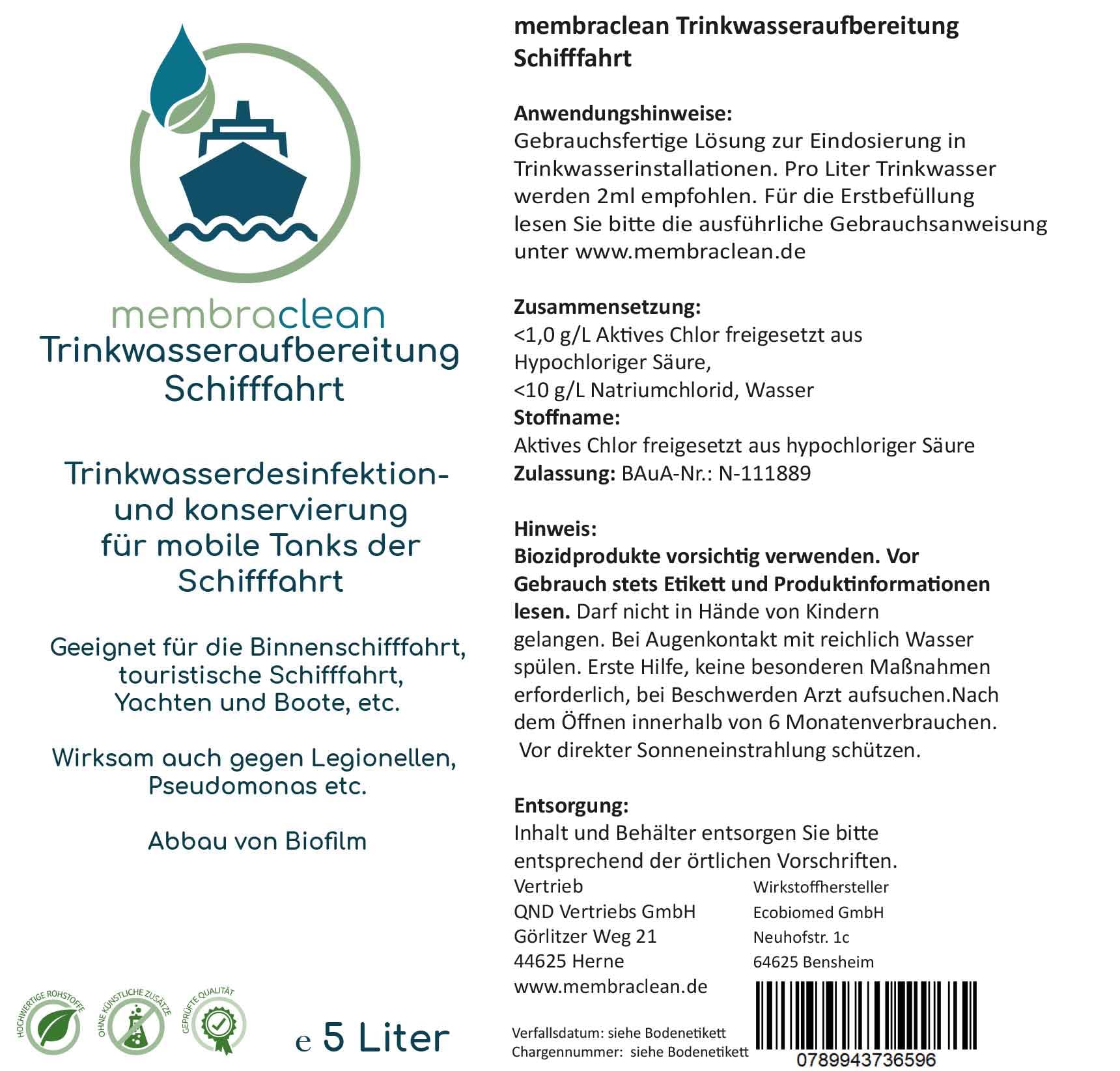 5 Liter membraclean Trinkwasseraufbereitung Schifffahrt, Boote & Yachten