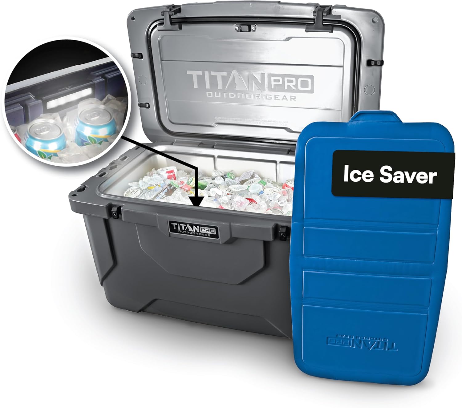 Titan PRO High Performance Ice Chest - 55 Quart Capacity - Hard Cooler with Interior LED Light, Dry Bin, Ice Saver Performance Booster and Microban Protection - Granite Gray