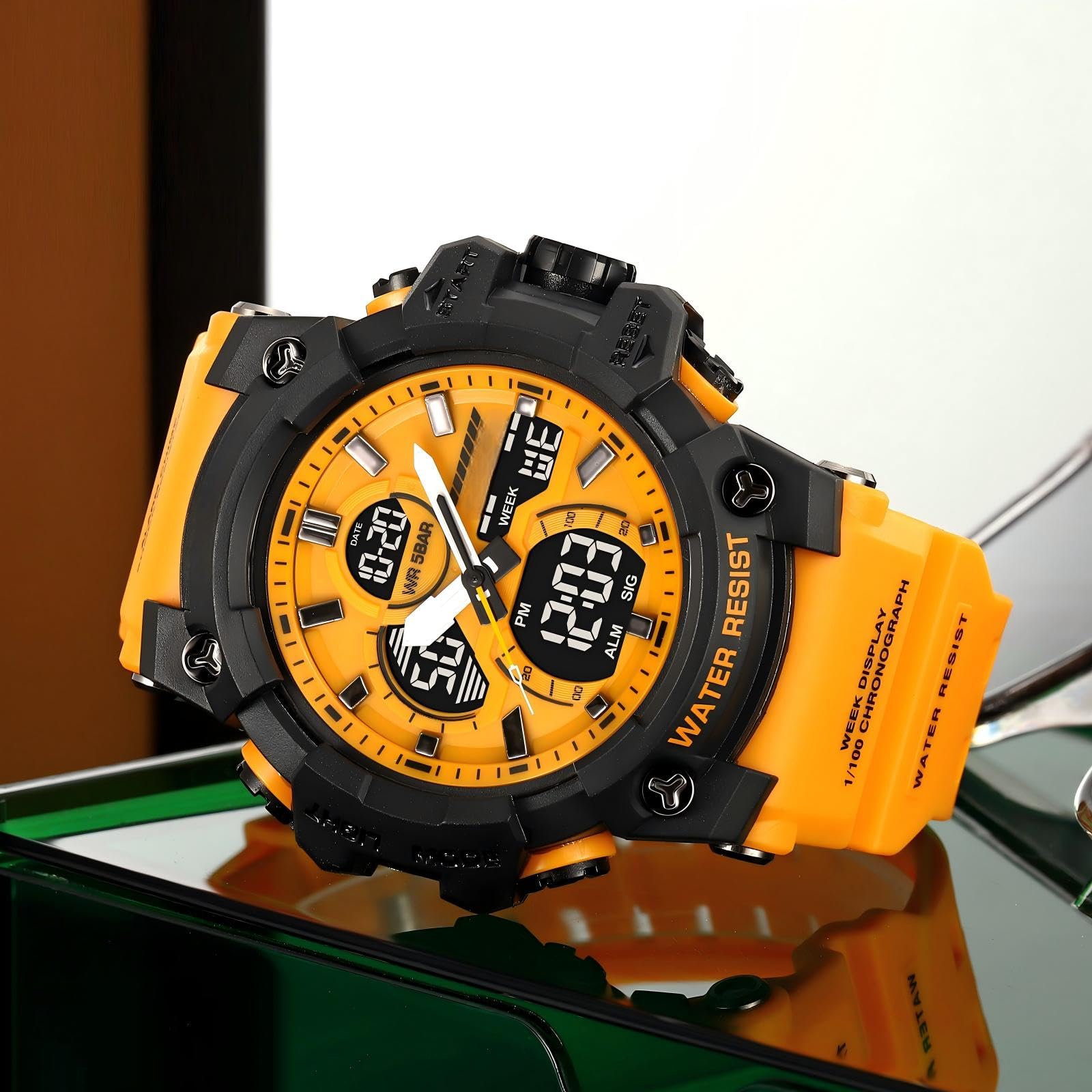 findtime Orologio militare da uomo, robusto, per attività all'aperto, analogico, con allarme doppio, 12/24H, data settimanale, cronometro bianco