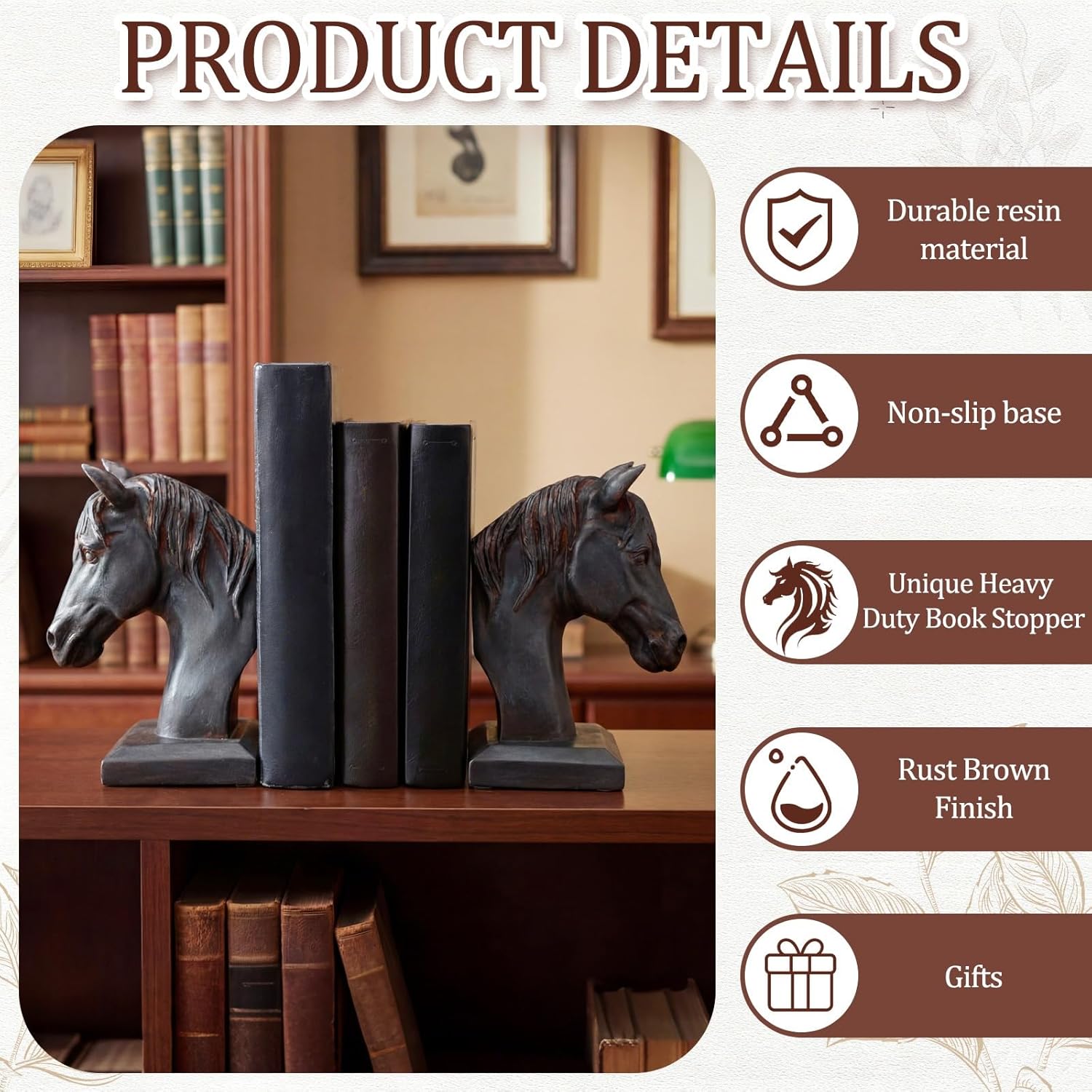 Set of 2 Horse Head Bookends Brown Antique Heavy Duty Book Ends Resin Decorative Art Bookends for Derby Day Vintage Home Office Desk Decoration Horse Lovers Gifts