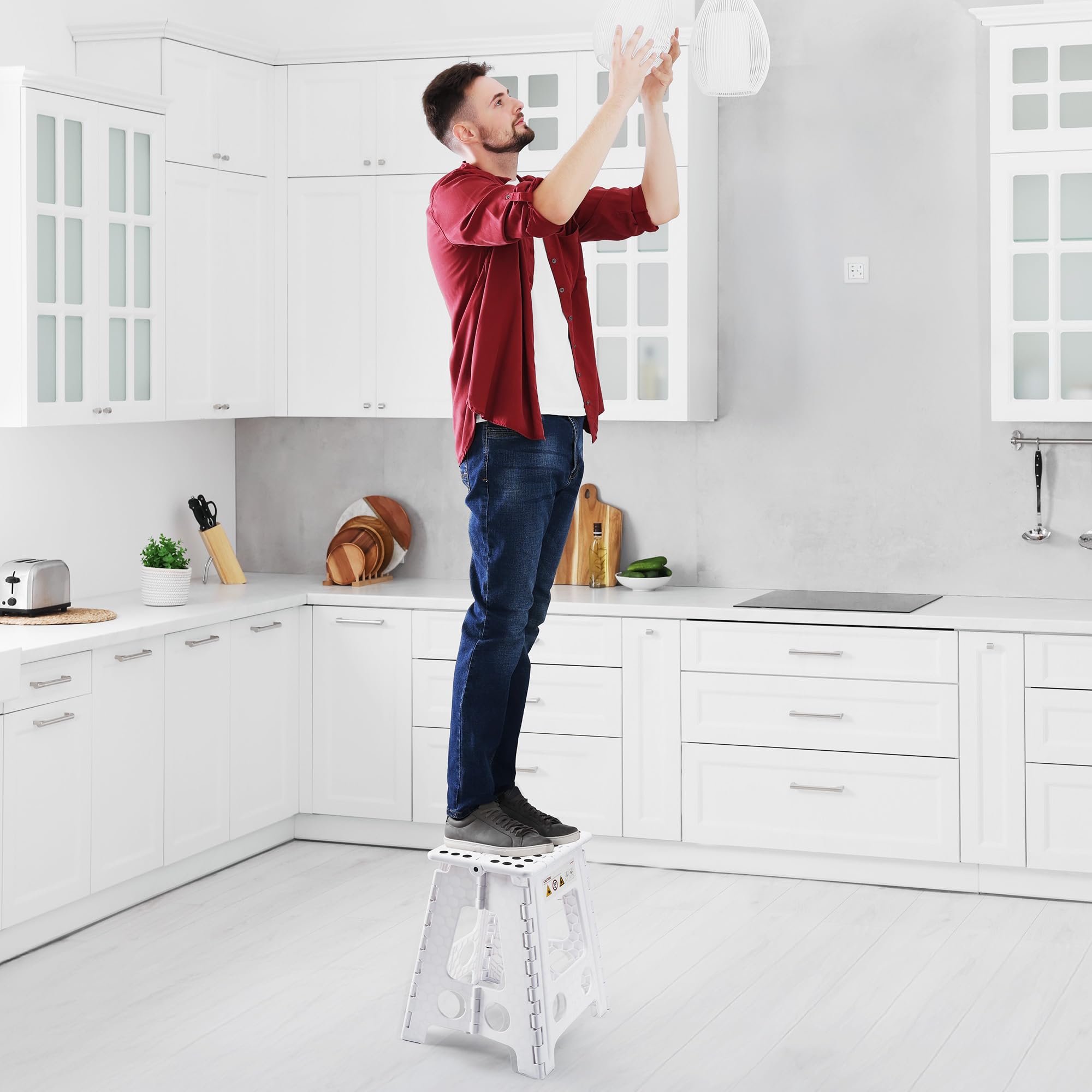 Sgabello Pieghevole da 40 cm, Bianco con Capacità 150 kg - Blocco di Sicurezza e Maniglia Girevole, Ideale per Casa
