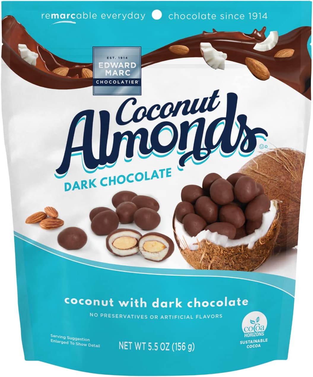 Edward Marc Chocolatier Sweet Coconut Almond Snacks - Dark Chocolate - Lightly Roasted Almonds Coated in Sustainably Sourced Dark Chocolate - 32 oz (1-pack)