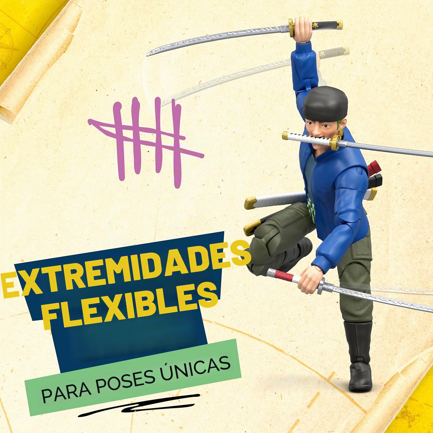 One Piece Figura de acción de Zoro 15,24 cm con 5 Accesorios; Incluye Espadas Intercambiables, una Funda para Espadas, un Rostro Intercambiable y una Base de exposición con Forma de Berry