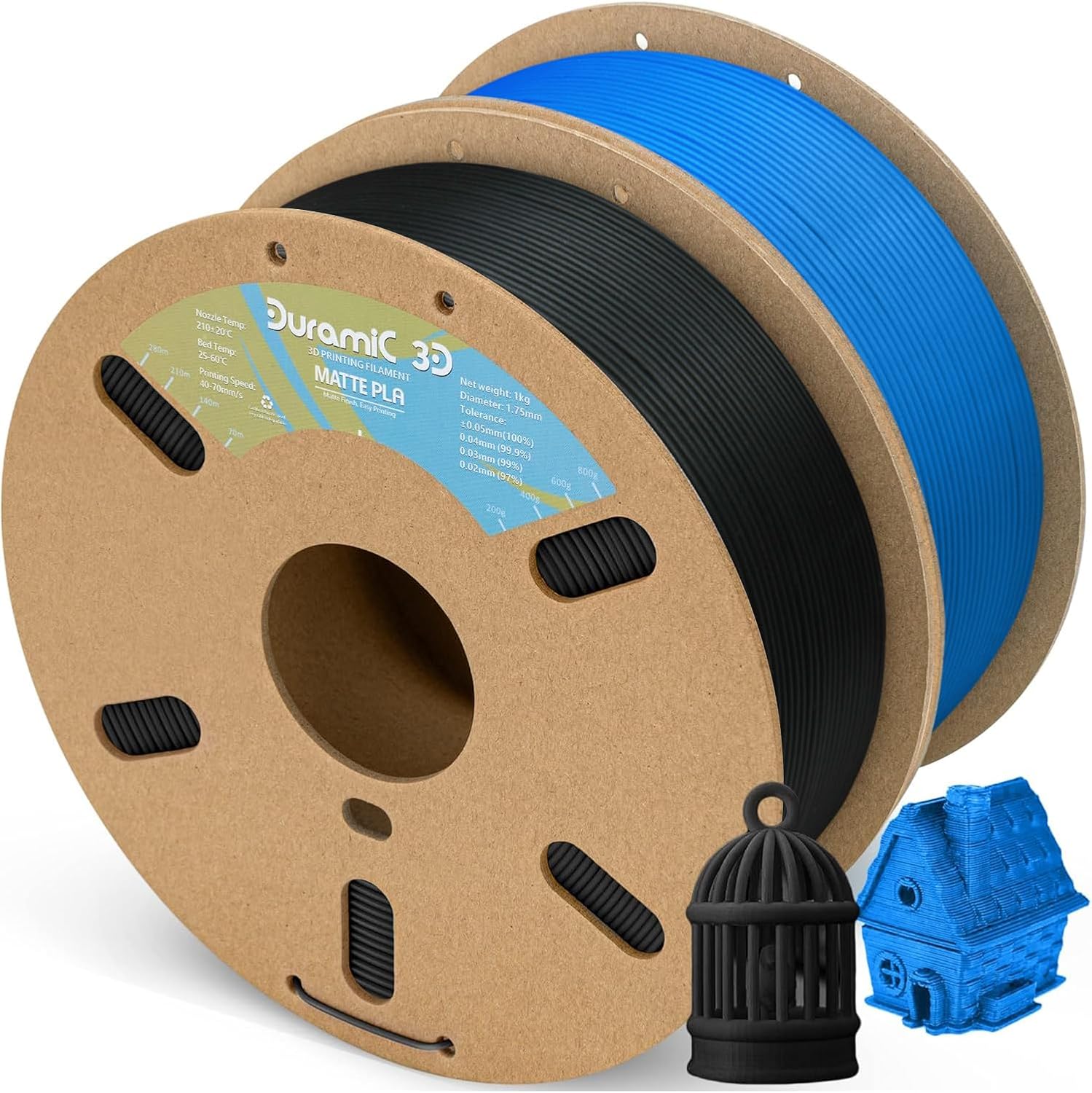 DURAMIC 3D Matte PLA Filament 1.75mm Black Blue 2 Pack, 1kg Cardboard Spool Matte Finish 3D Printer Filament PLA 1.75mm Dimensional Accuracy 99% +/- 0.03 mm, Printing with FDM 3D Printer,