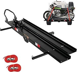 Goplus Motorcycle Hitch Carrier, 600LBS Motorcycle Carrier Hitch Mount with 2 Straps, Loading Ramp, Dirt Bike Trailer, Heavy Duty Motor Cycle Rack, Fit Up to 7.5” Wide Tire