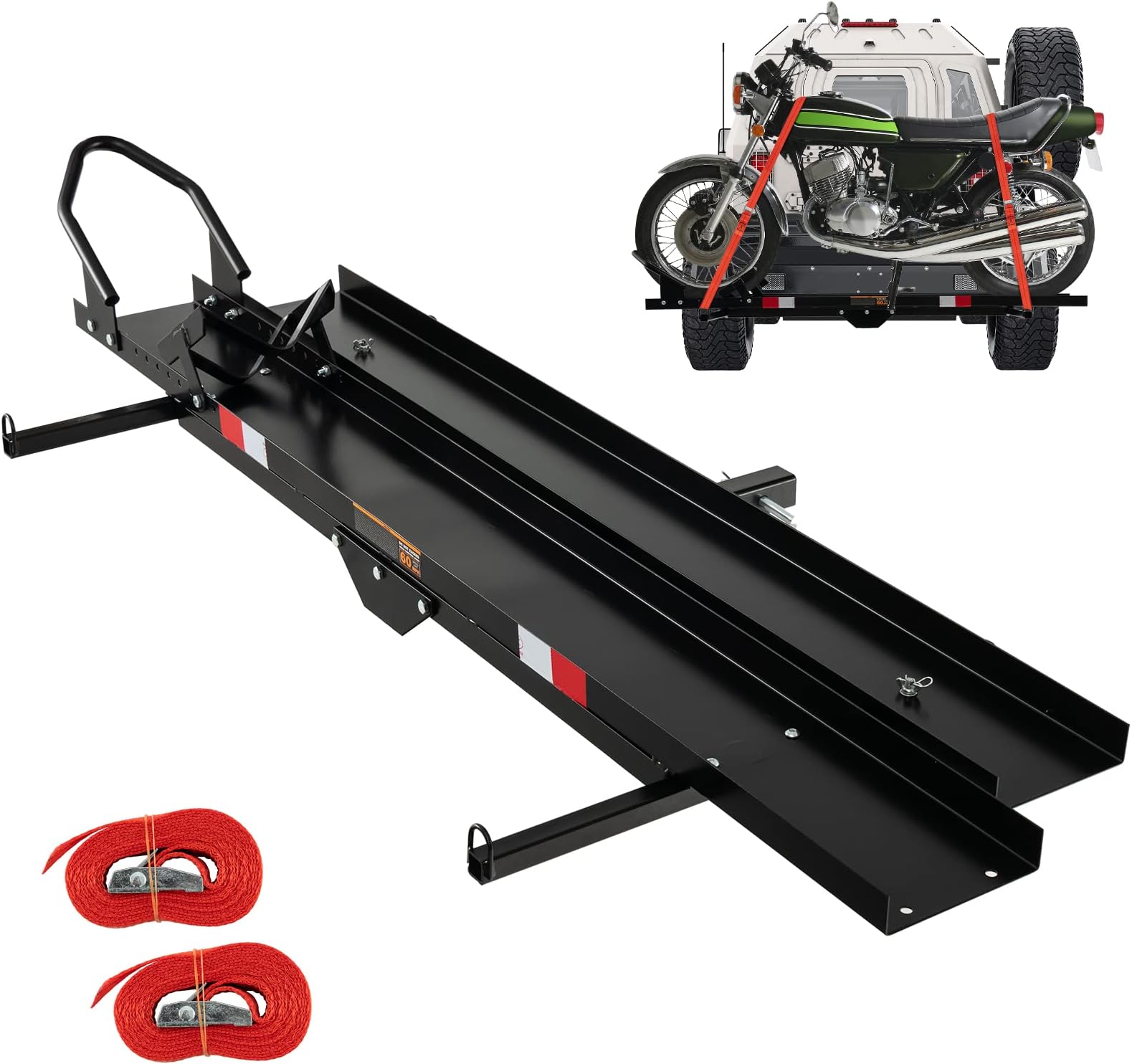 Goplus Motorcycle Hitch Carrier, 600LBS Motorcycle Carrier Hitch Mount with 2 Straps, Loading Ramp, Dirt Bike Trailer, Heavy Duty Motor Cycle Rack, Fit Up to 7.5” Wide Tire