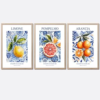 WLZWD Funny Kitchen Wall Art Set of 3 Italian Mediterranean Lemon Poster Artwork Painting Modern blue Canvas kitchen fruit wall decor Picture for living Dining Room Unframed8x12inch