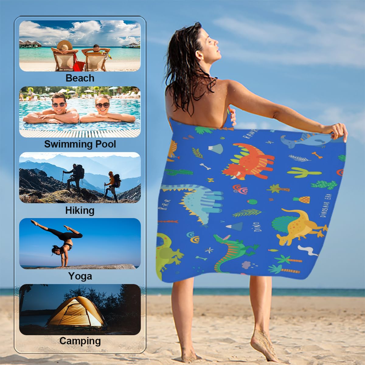 Serviette De Plage En Microfibre Motif Dinosaure Coloré, Anti-sable, Grande Serviette De Bain Super Douce Pour Enfants, Serviette De Bain Absorbante Pour Homme, Femme, Voyage, Natation (80 X 150 Cm