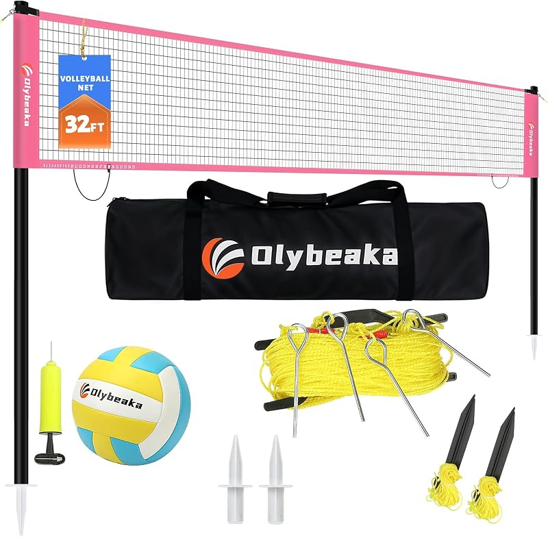 32FT Outdoor Portable Volleyball Net Set with 4 Adjustable Height Poles | Easy Setup Volleyball Net System with Carry Bag for Backyard Beach and Grass