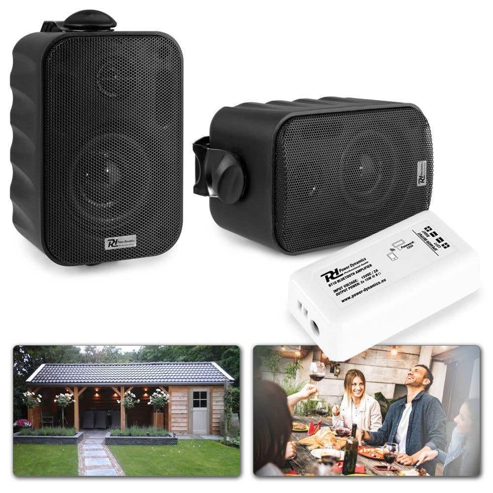 Power Dynamics - Pack de 2 Altavoces BGO30, 60W, 2 Vías, IPX5, Bass Reflex y Soportes | Amplificador BT10 con Bluetooth, 2x15W, Conexión Inalámbrica, Cable Incluidos, Ideal Interior y Exterior