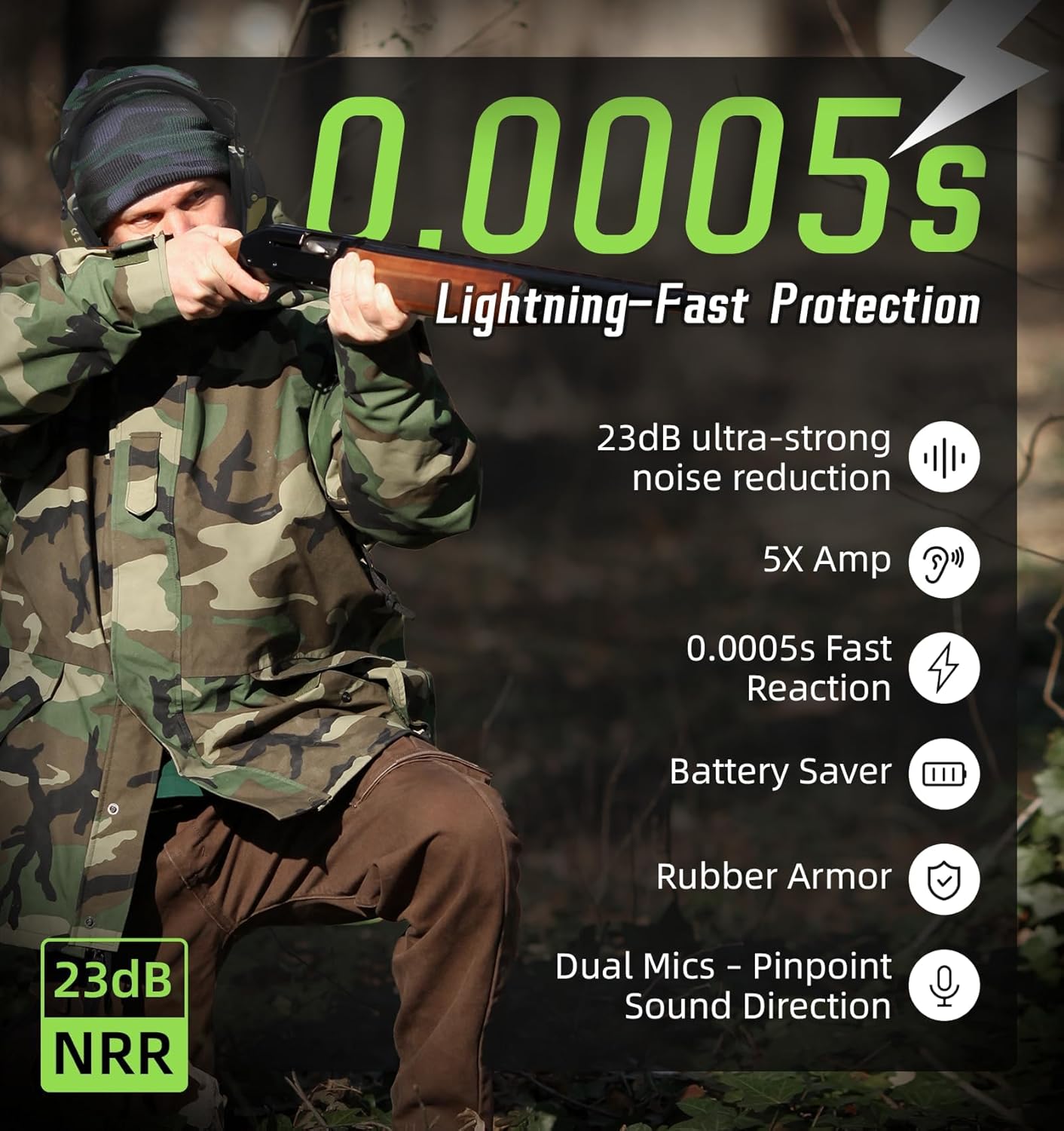 PROHEAR 2 Pack Digital Electronic Shooting Ear Protection 5X Sound Amplification Earmuffs, 23dB NRR Low Profile Noise Reduction Hearing Protection for Gun Range and Hunting, Green&Black - Image 2