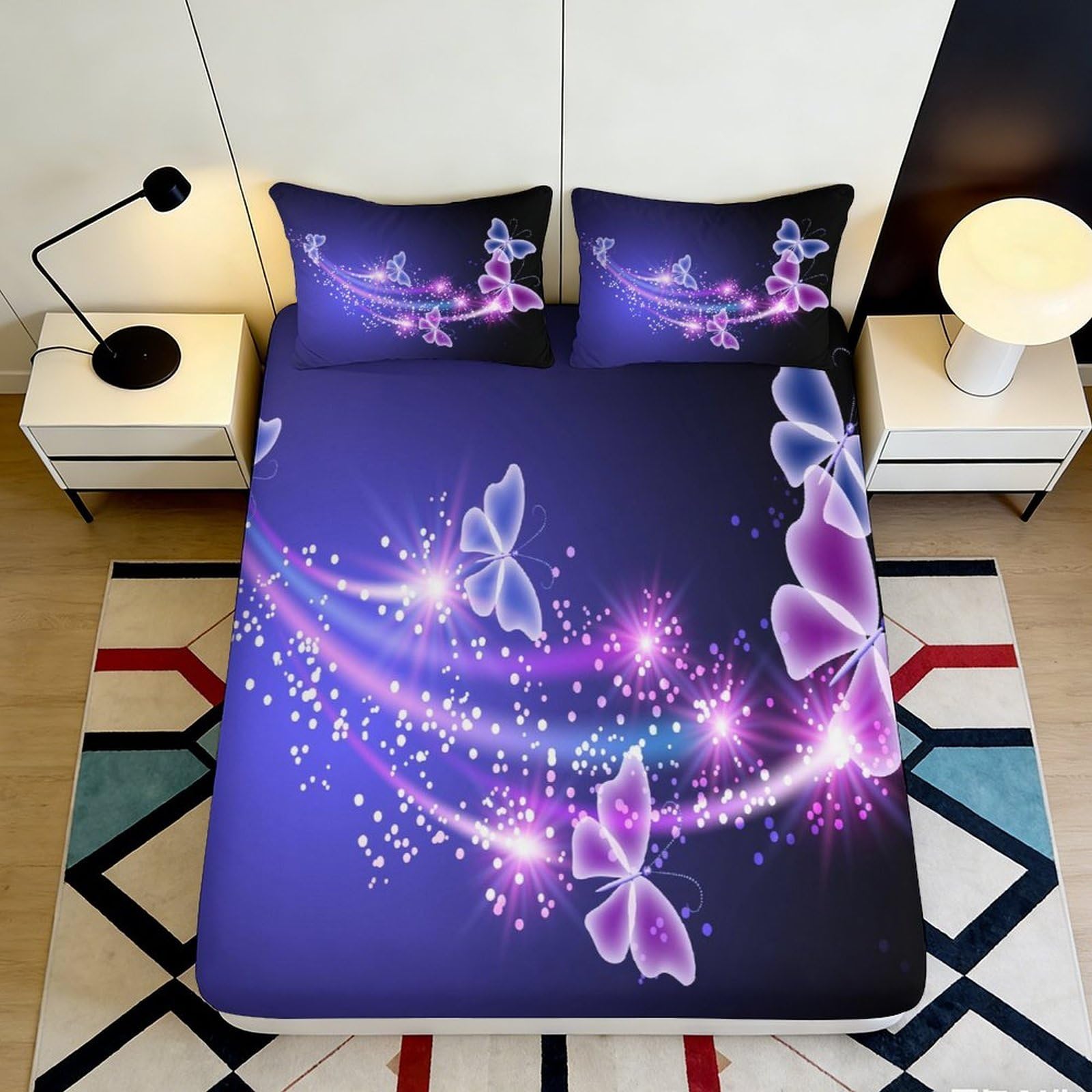 3D Printed Purple Butterfly Fitted Sheet Microfiber Soft Breathable Sparkling Trail Bed Cover for Bedroom Dormitory Guest Room Mattress Protection 200x200x25cm