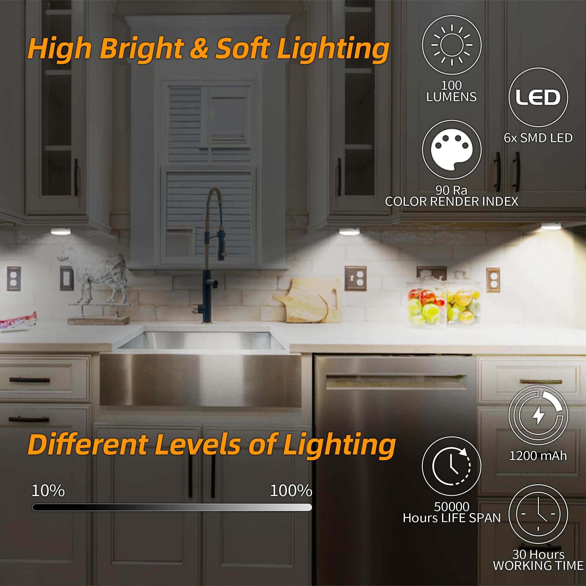 Luci a disco con telecomando, illuminazione magnetica sottopensile, ricaricabili da 1200 mAh per sottopensile, corridoio, scale, armadio (bianco freddo, confezione da 6)