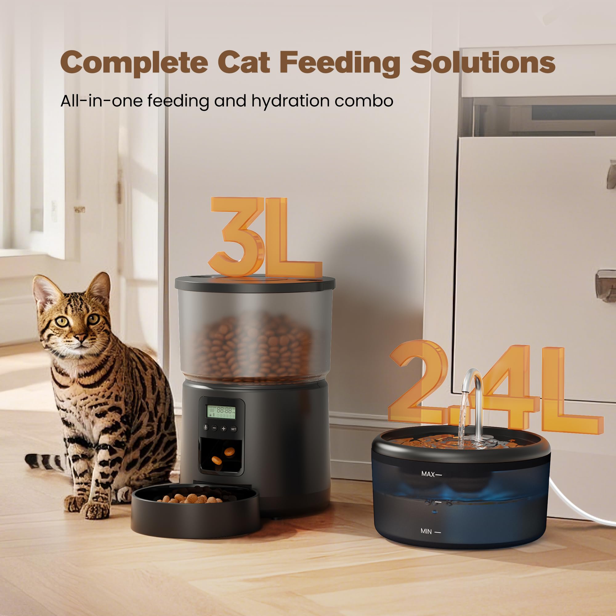 Distributore Automatico Cibo Gatti e Fontanella: Dispenser Cibo Gatto e Fontanella per Gatti - Mangiatoia Cani Timer Programmabile 1-6 Pasti - 3L Dosatore Crocchette e 2.4L Fontana Acqua Gatto 2 in 1